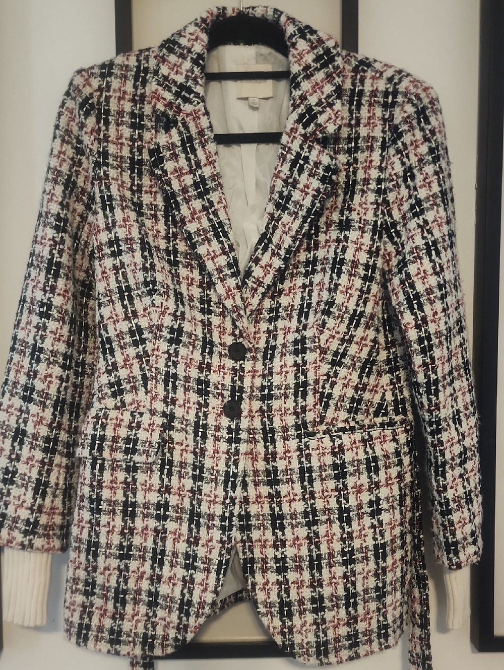 Favorite Daughter Tweed Plaid Blazer - Black, White & Burgundy